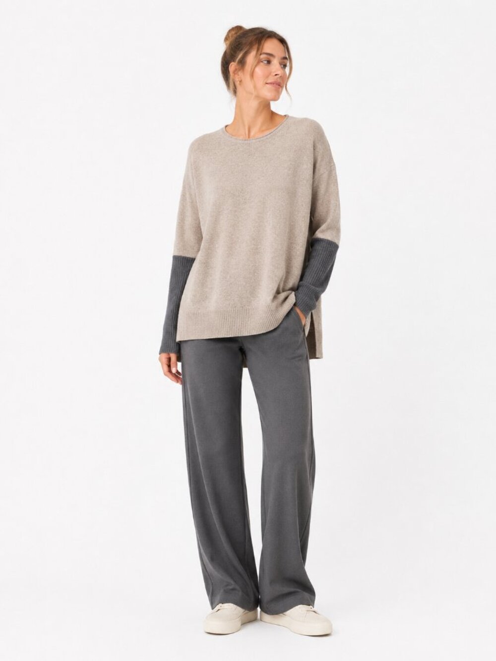 Athleta Nopa Womens S 100% Merino Wool Sweater Gray Colorblock Oversized 1385